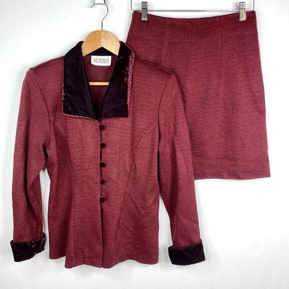 Vintage Jodi Michaels Red Houndstooth Skirt Suit Small - Picture 1 of 8